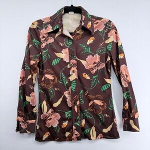 Womens Vintage Brown Floral Button Up Long Sleeve Shirt